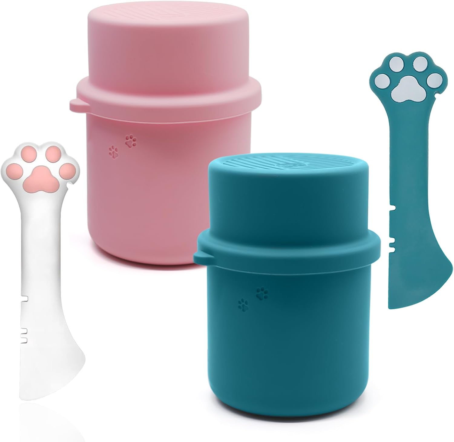 Original Canned Dog Food Storage Container & One Can Spoon | Silicone Can Cover Pet Food Sealer & Cute Paw Shape Opener Spatula | BPA Free, Airtight, Dishwasher & Freezer Safe (Dark Blue+Pink)