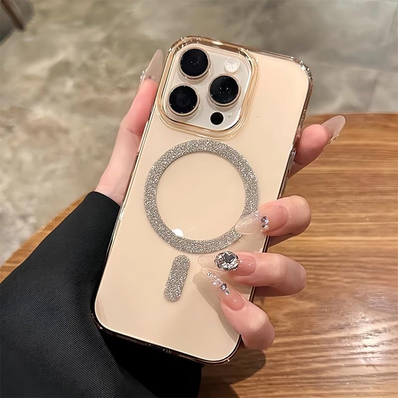 Image of COVERLY Ultra Thin Slim Sleek Hard Transparent Shinny Glitter Magnetic Ring Mag-Safe Case for iPhone 14 Plus Shockproof PC Clear Bling Spakly Cover (Desert Titanium)