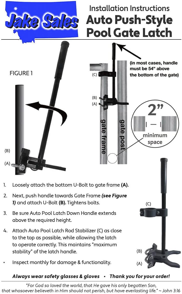 Jake Sales Pool GATE Latch: Auto Swing & Padlockable - Modern Black Plastic Child Safety Pool Latch (1-3/8" x 1-7/8") for 1-3/8" Gate Frames & 1-7/8" Gate Posts - 1 Latch