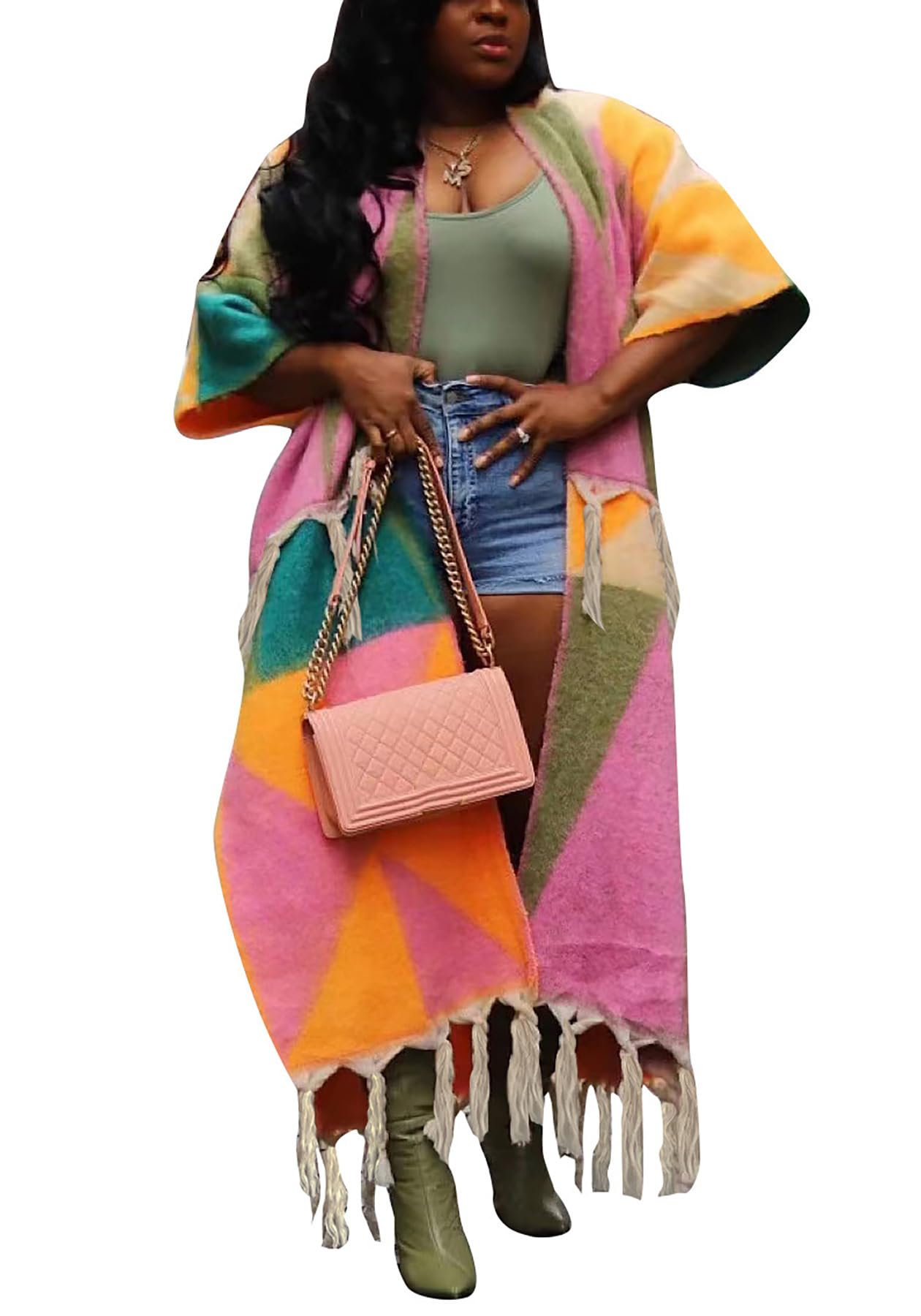 NRTHYE Womens Tassel Sweater Cardigan Open Front Fringe Colorful Long Cardigan Poncho Wrap Sweater