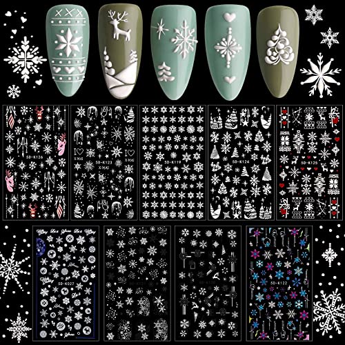 Kalolary 9 Sheets Nail Art Stickers 5D Embossed Nail Stickers Self-Adhesive Christmas Snowflakes Elk Trees Design for Christmas Party