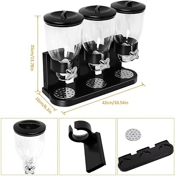 Greenfields Triple Dry Food Cereal Dispenser – Classic Storage Canister for Cornflakes, Candy, Sweets, Lentils, Nuts, Beans & Granola – Easy Control Kitchen Quick Dispenser, Black