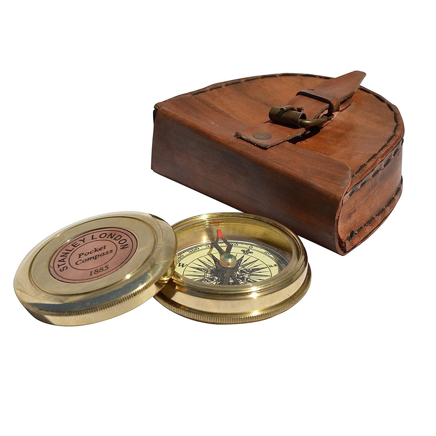 Generic Brass Stanley London Designer Compass 1885 Handmade Vintage Reproduction Brass Antique Compass with Brown Leather Case-picture-11