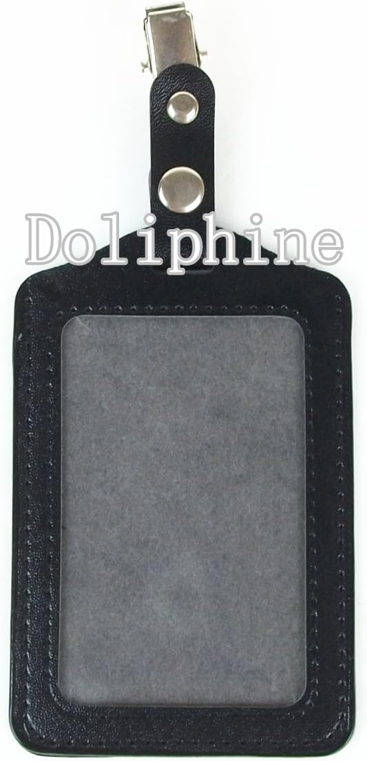 Business Name Tag Leather ID Badge Card Holder with Metal Clip & Snaps (Black Vertical)