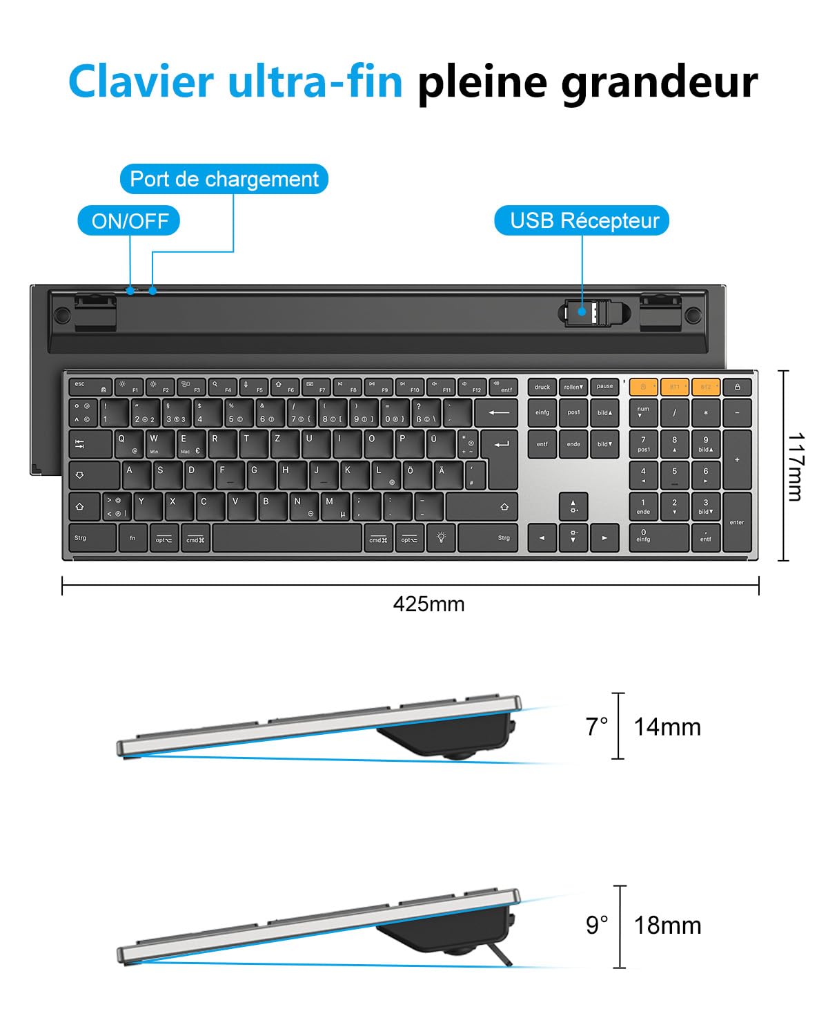 OMOTON Clavier sans Fil Métal, Bluetooth 2.4G Rétroéclairé Clavier, Rechargeable avec 2 Canaux Keyboard à Ciseaux AZERTY Français Ergonomique Silencieux pour PC/Mac/Windows (Noir)