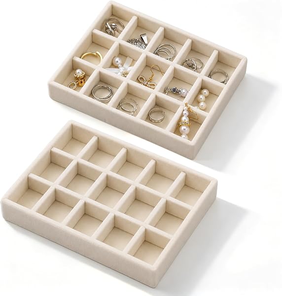 Stackable Jewelry Organizer Tray for Drawer, 15 Grids Velvet Jewelry…