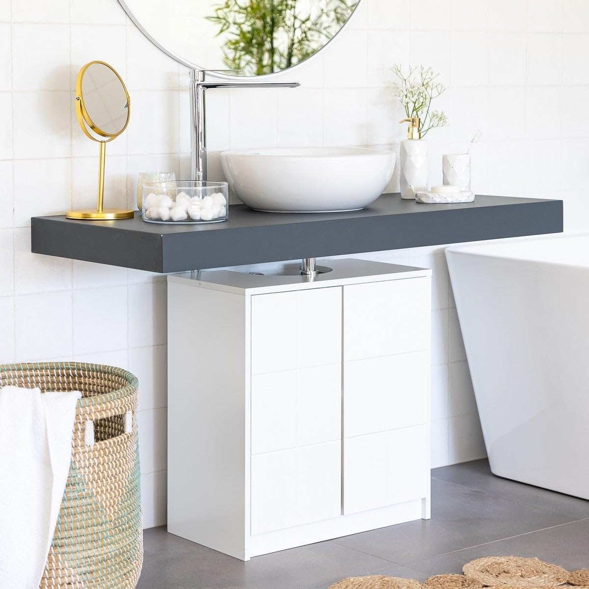 LOLAhome - Mueble bajo Lavabo pie de Tablero Laminado Blanco 56x30x60 cm. Diseño de Puertas a Cuadros. Incluye Estante Regulable en Altura Que aprovecha el Espacio en baños de tamaño reducido