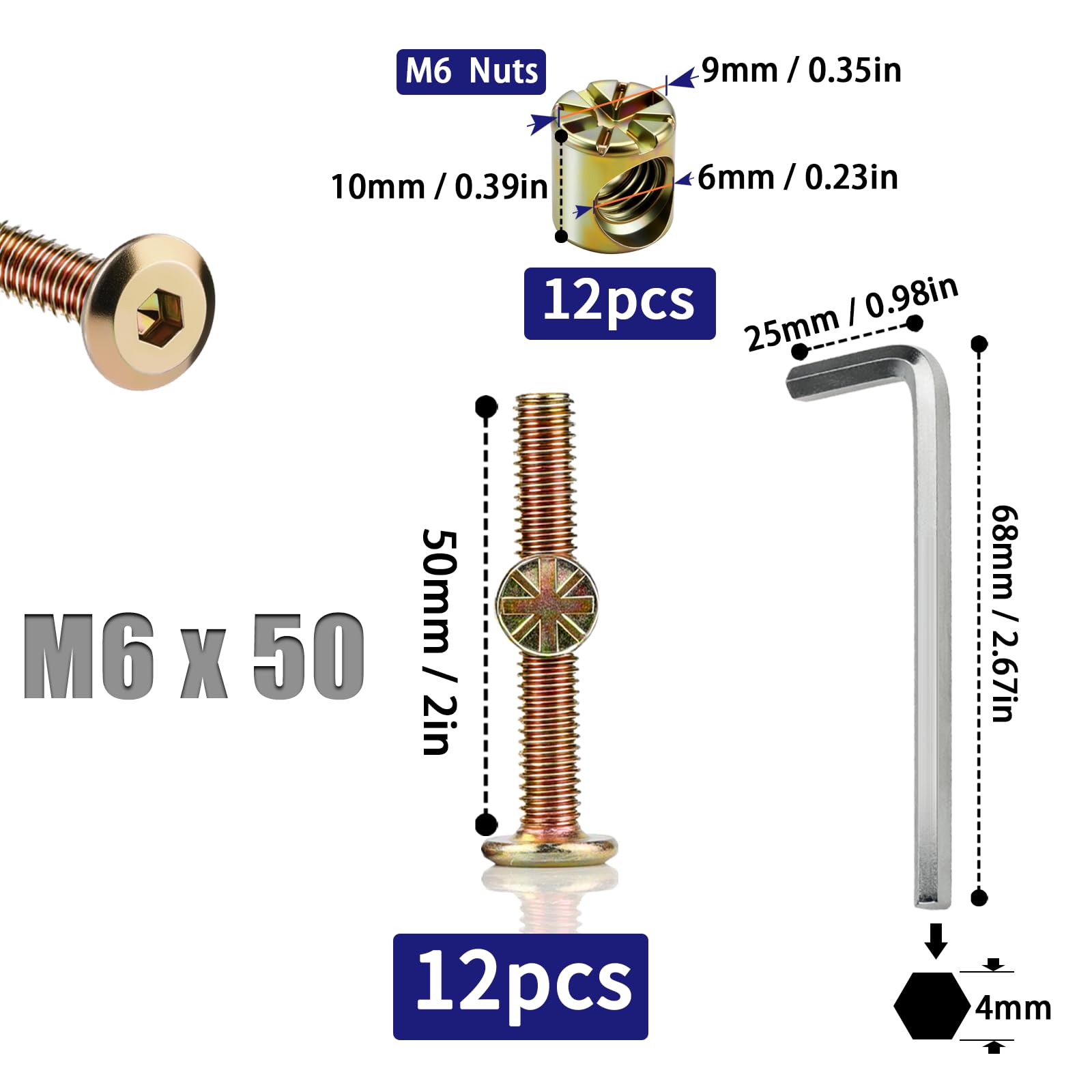 SWTYExt 12pcs M6x50 mm Furniture Bolts and Screws with Hex Key, Zinc Plated, Hex Socket Head, Bed Bolts, Barrel Nuts - Image 2