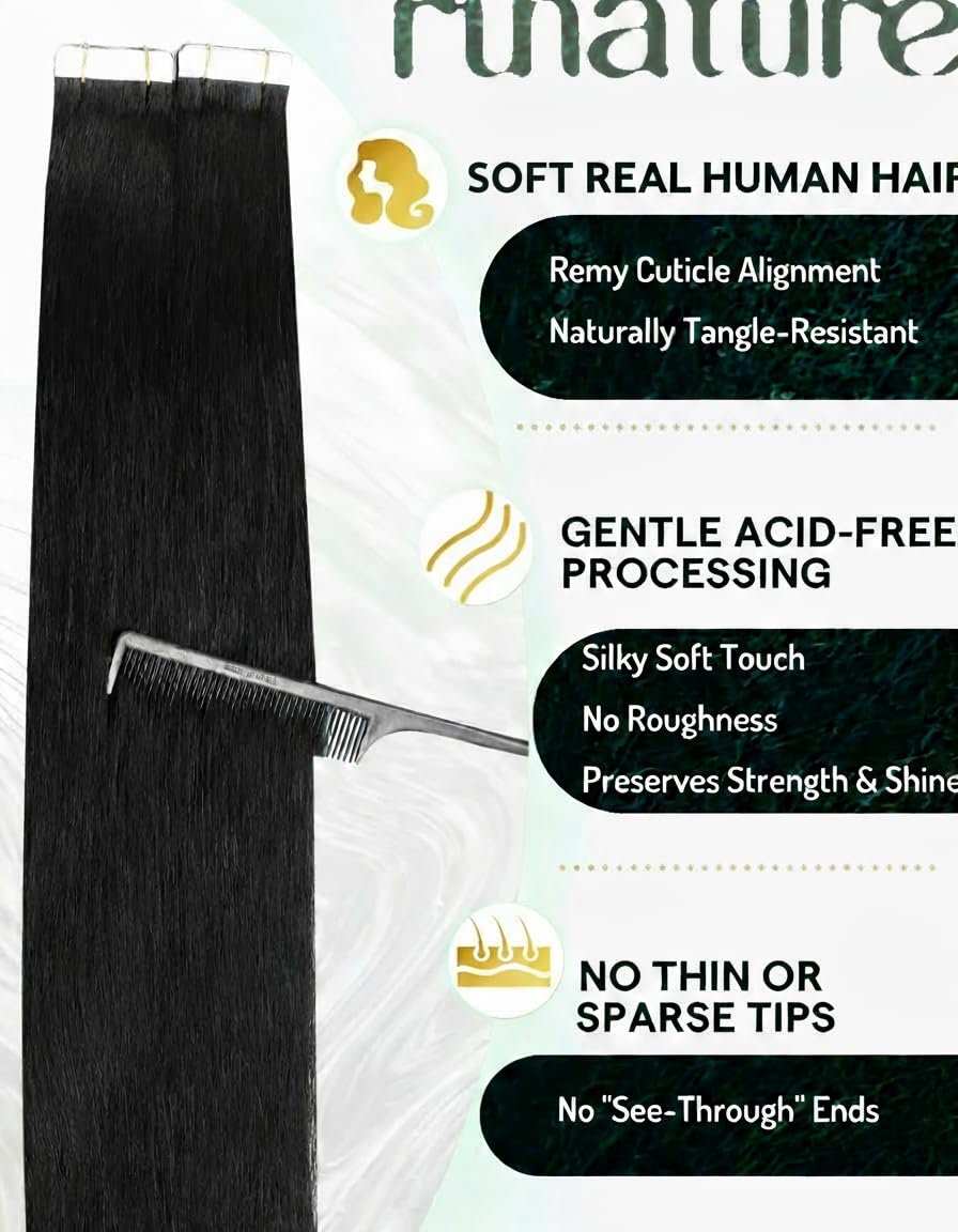 RUNATURE Extensiones Adhesivas Pelo Natural Negro 25cm 20pcs 30g Invisibilidad Extensiones Tape #1