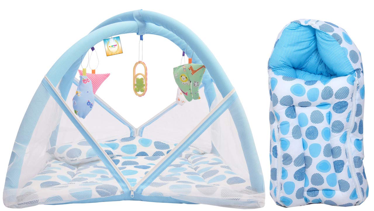 Bantoo Flat Bed Baby Bed New Born Baby Bedding Set | Play Gym | Bed Mattress | Mosquito Net | Hanging Toys | Playmats | Floor Gyms | Carry Beds | Cotton | Gift Combo (0-6 M, Blue) (2PCS Set)