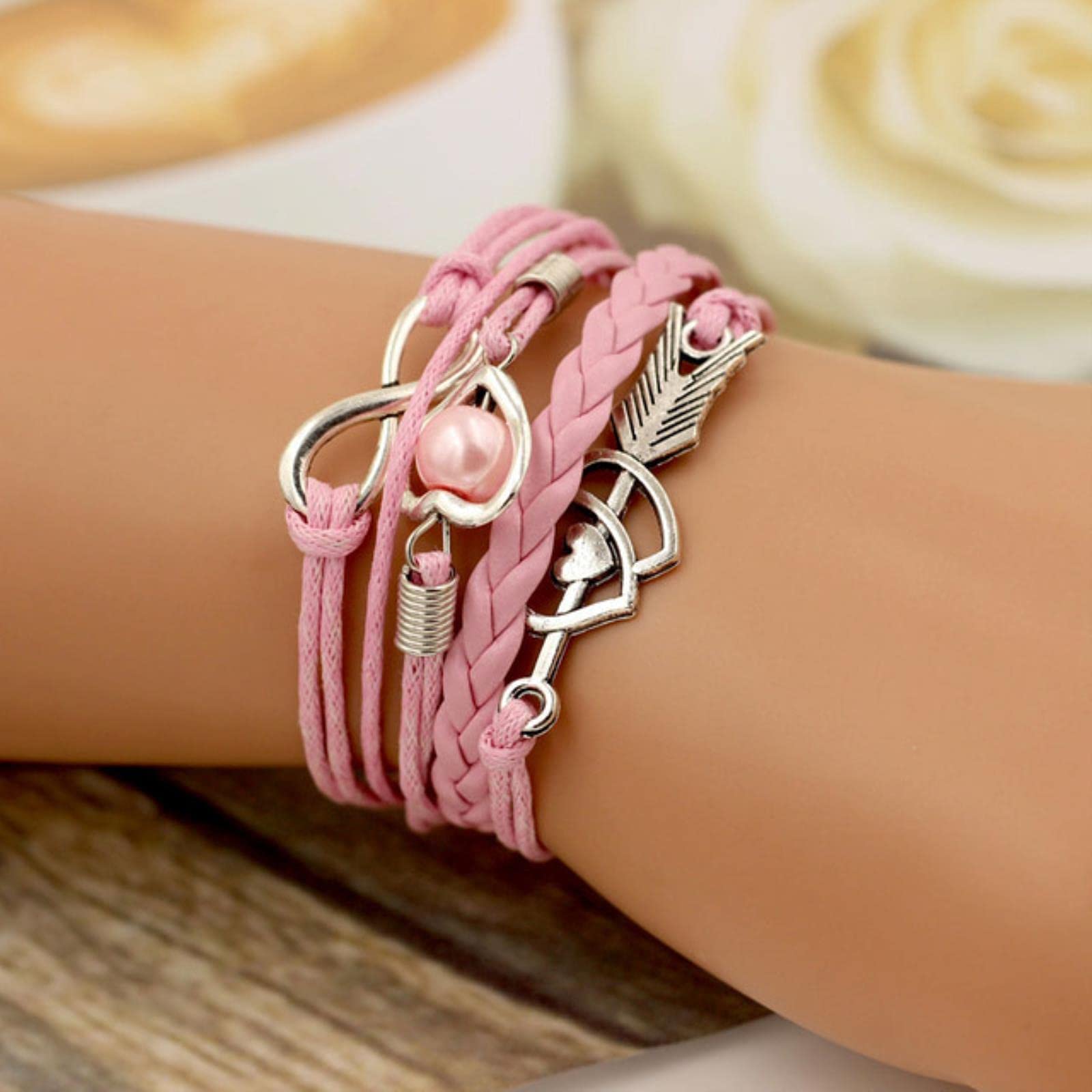 Jijiba Women's Pink Leather Bracelets For Wrap Infinity Love Heart Friendship Antique Leather Charm Bracelet