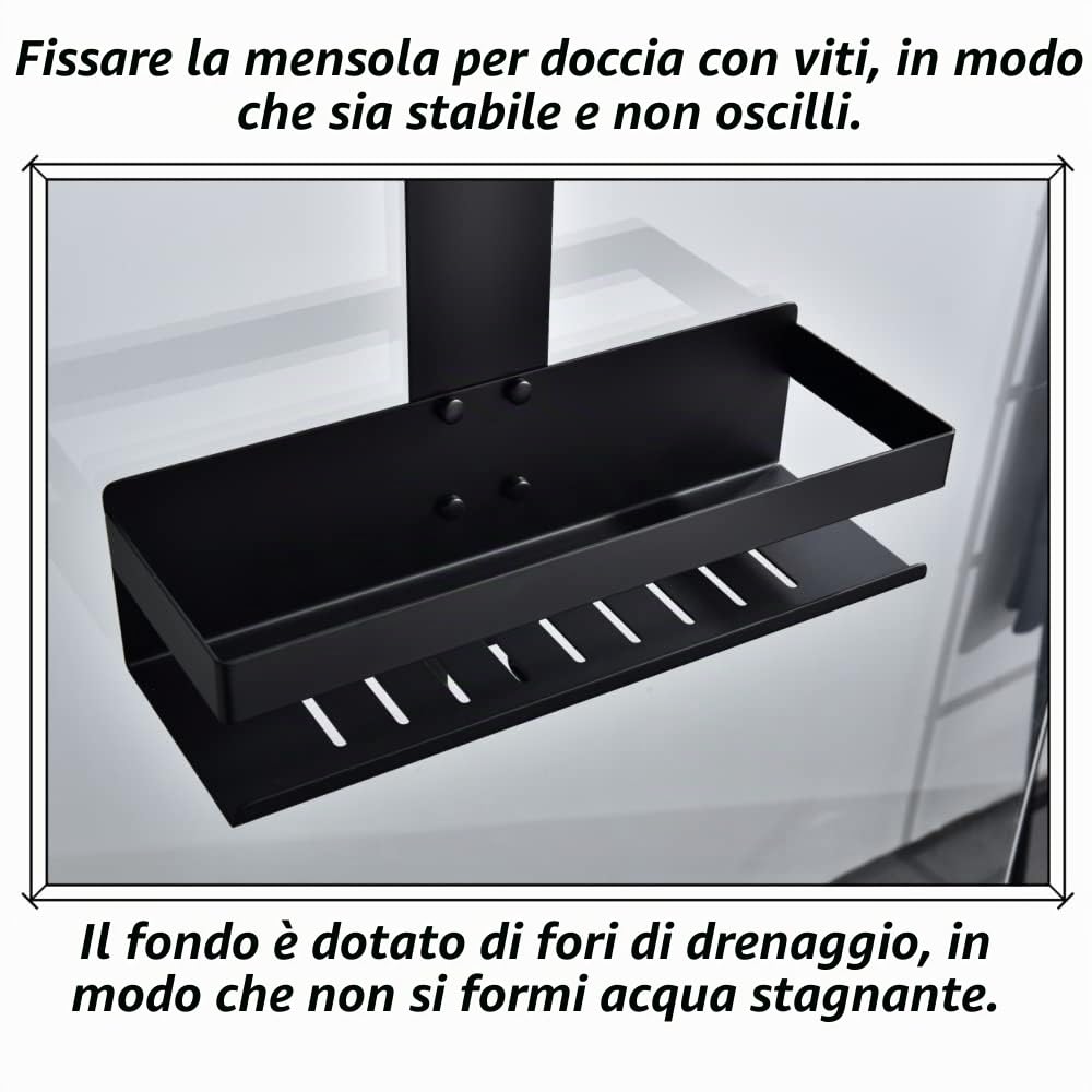 Mensola Doccia da Appendere, Portaoggetti per Doccia Sospeso, Staffa per Shampoo per Mensola per Doccia in Nero Opaco con Ganci per Cabina Doccia in Vetro,H30MB-2DH
