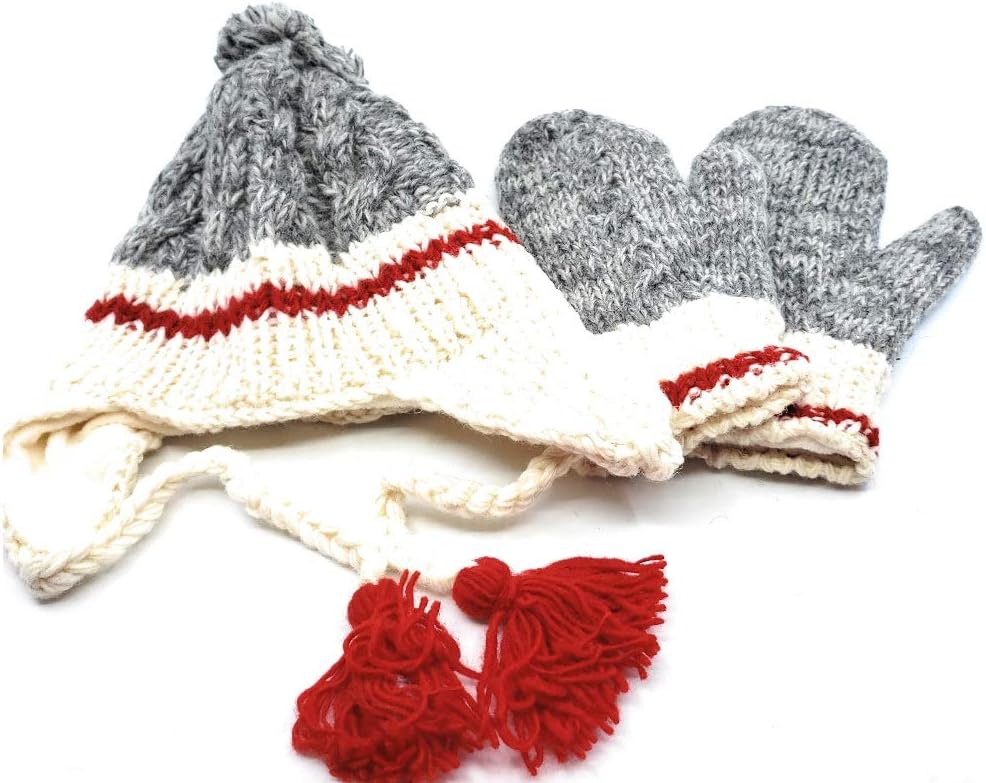 Hand Knit Wool Ear Flap Hat with Pompom + matching Fleece Lined Mittens Made in Nepal (Grey with Red Stripe)