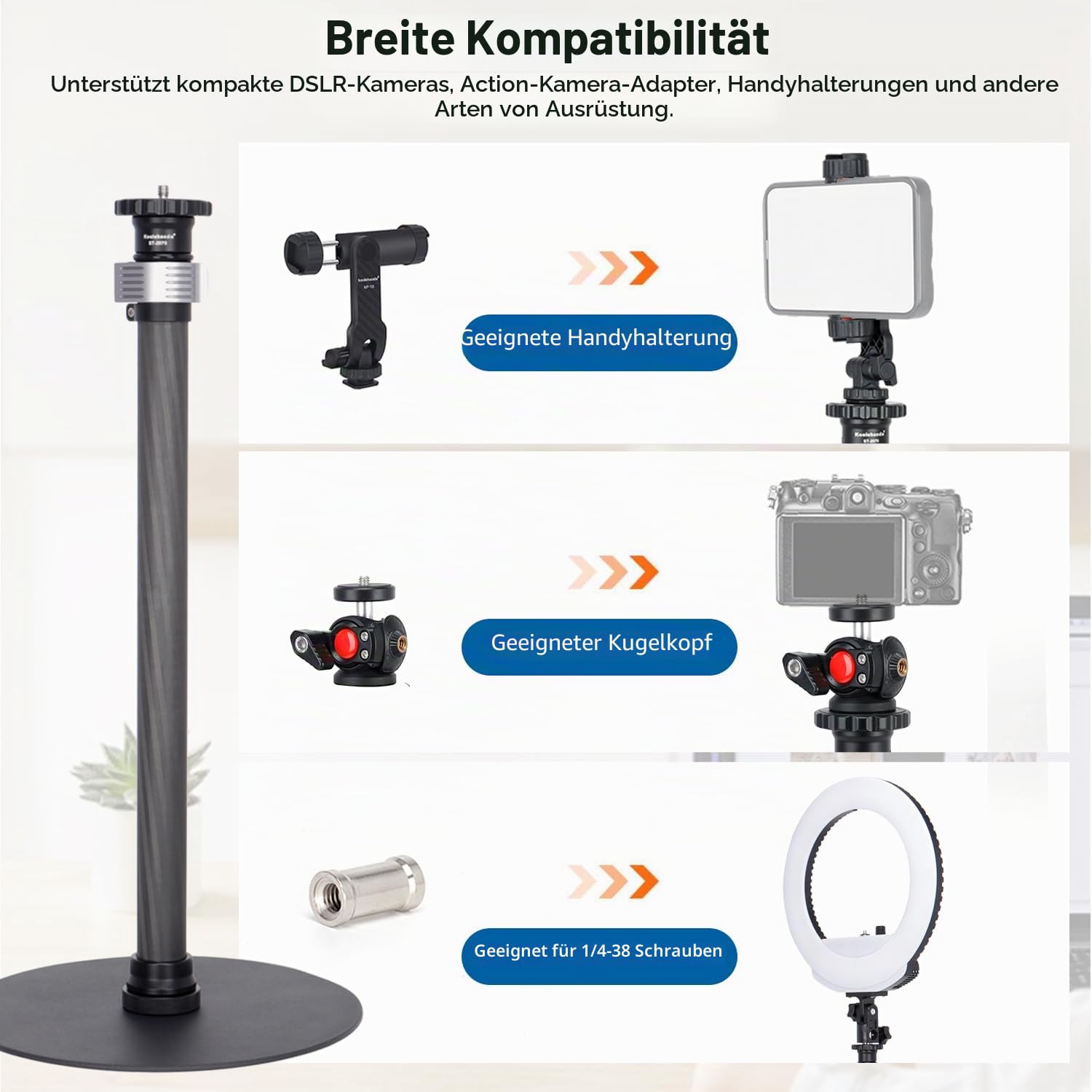 Koolehaoda Stativ-Ständer, ausziehbares Einbeinstativ, Kohlefaser-Stange mit runder Basis für Schreibtisch, 360° drehbarer Kugelkopf, Tisch-Webcam-Ständer für DSLR-Kamera, Licht, Webcam