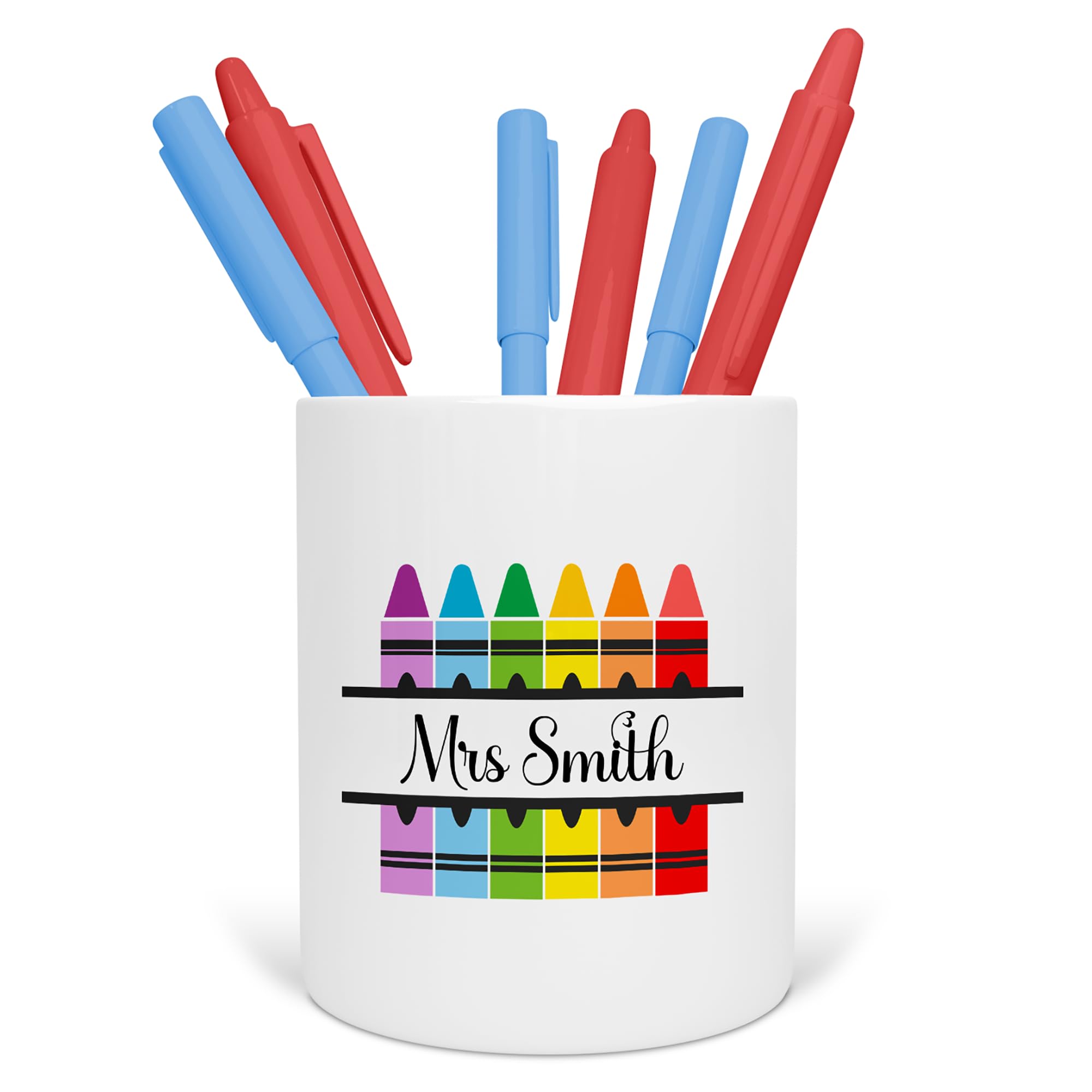 Personalised Teacher Pen Pot - Custom Rainbow Desk Organiser for School, Nursery or Office - End of Term Gift for Teaching Assistant, TA - Ceramic Pencil Holder (Crayons) โ image 1