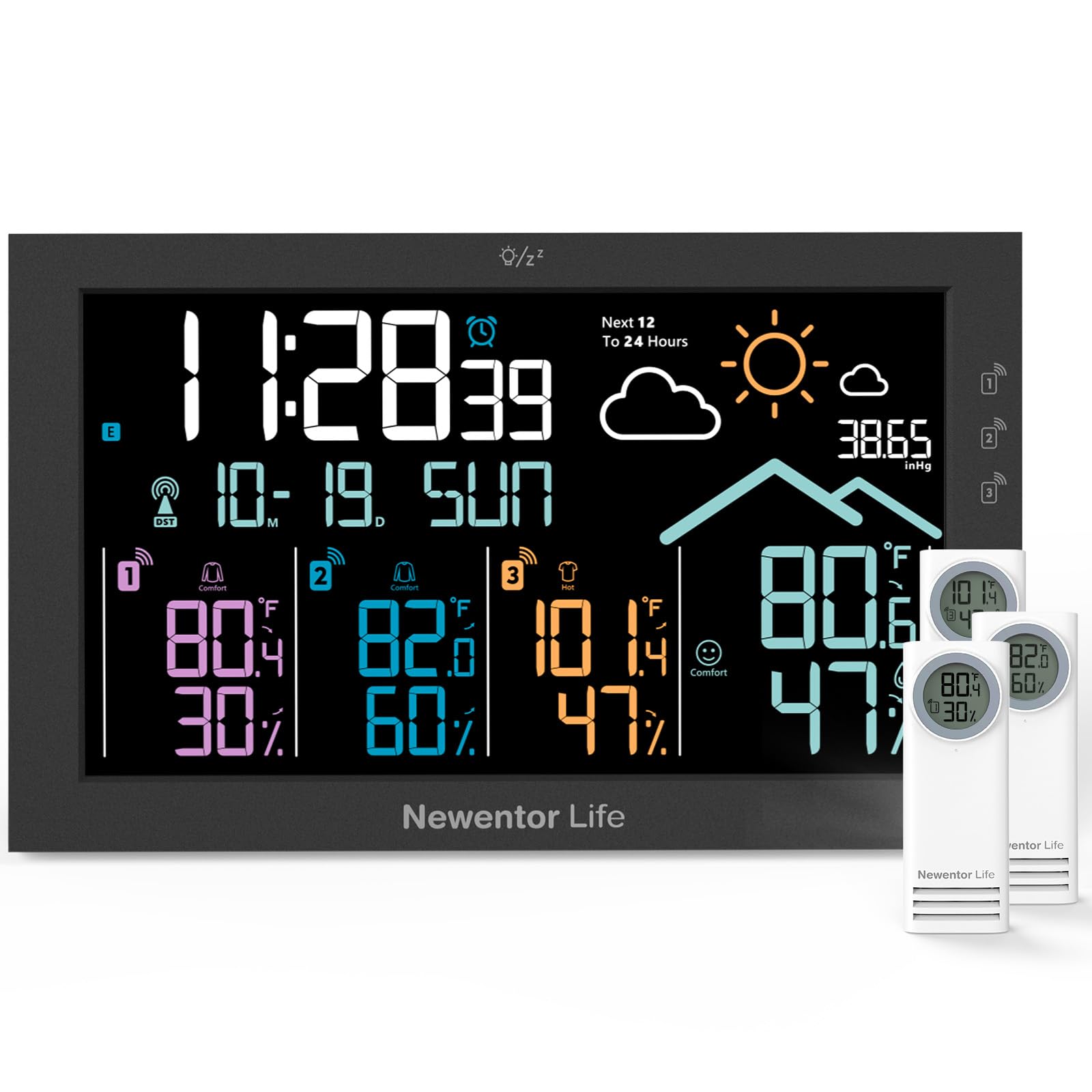 Weather Station Wireless Indoor Outdoor Thermometer, Home Weather Stations Digital Large Display, Atomic Clock with Multiple Sensors, Weather Forecast Temperature Humidity, Barometer for Home, Black