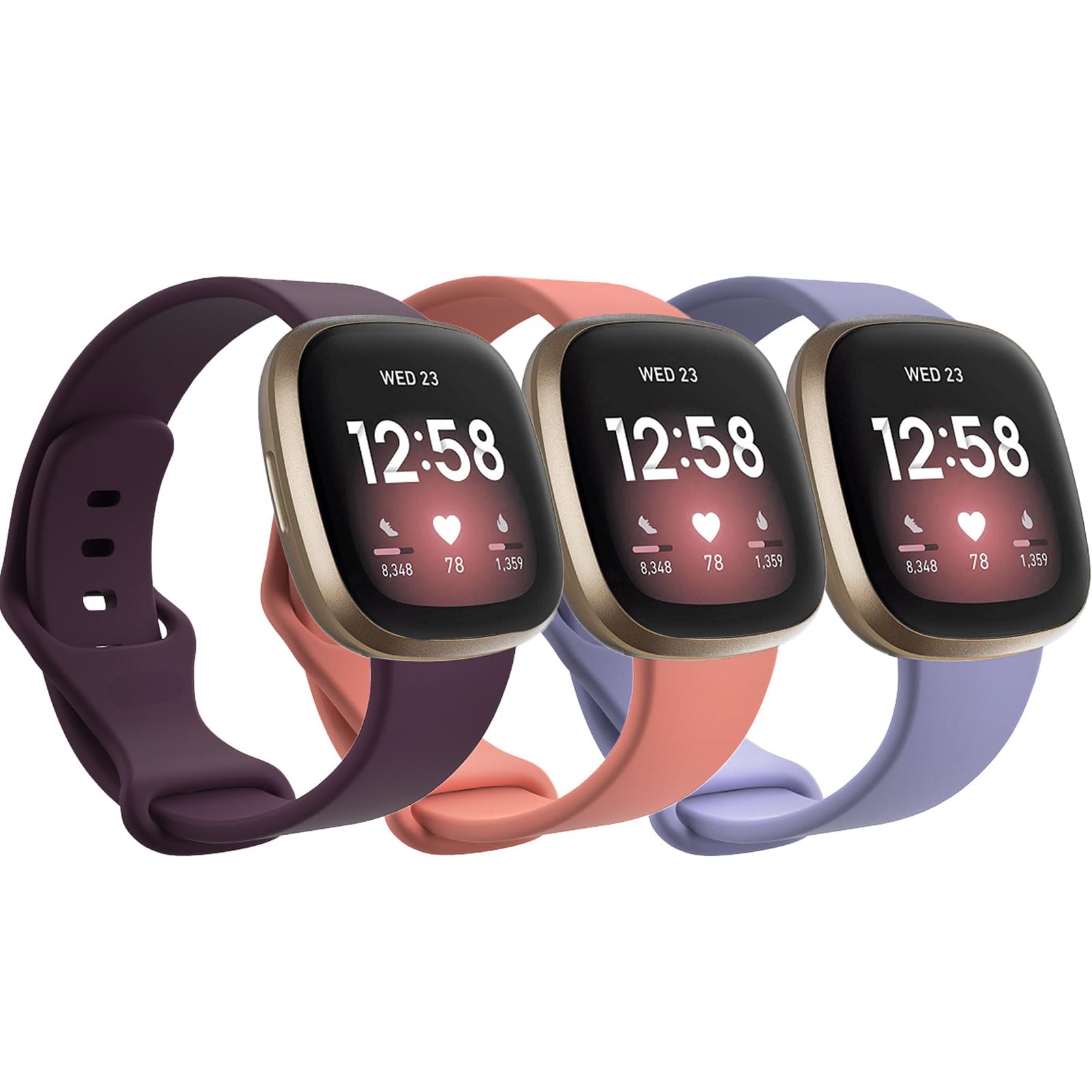 Garmcool 3 Pack Straps Compatible for Fitbit versa 4/3, Sense 2 / Sense Strap, Adjustable Replacement Silicone Sport Bands for Women Men/Deep Purple, Pink Sand, Purple, S