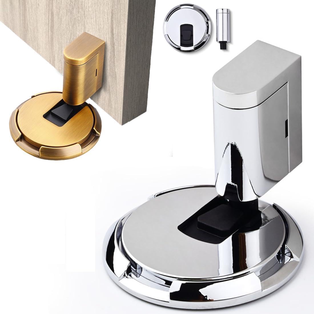 Door Stopper, Magnetic Floor Door Stop with Adhesive, No Drilling, Adjustable Heavy Duty Door Catch Door Holder (Bright Chrome)