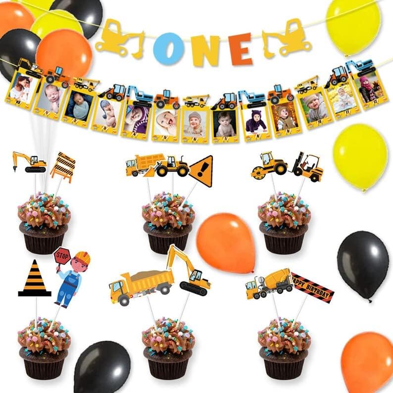 Miniatura 7 de Juego de decoración de fiesta de primer cumpleaños de construcción, paquete de suministros de fiesta de construcción de un niño, tema de primer