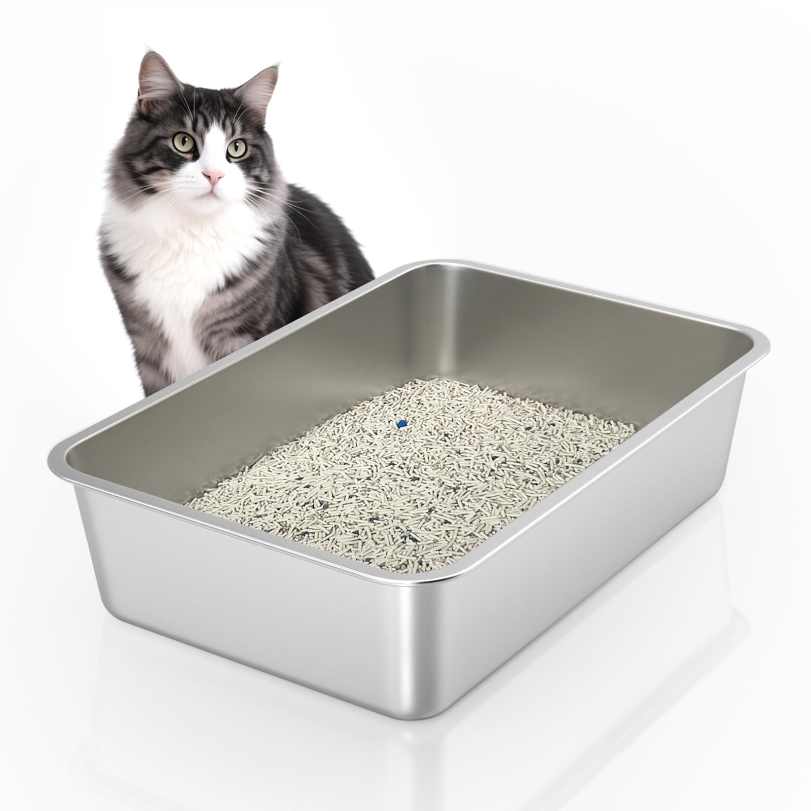 Stainless Steel Cat Litter Box, 6in Cat Litter Pan for Large Cats and Rabbits, Extra Large Metal Litter Box High Sides Odor Control Anti-Corrosion Nonstick
