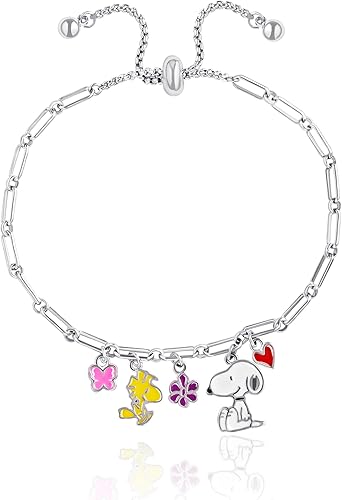 Pulsera de abalorios ajustable para mujer Peanuts - Pulsera de abalorios de esmalte bañado en plata con Snoopy - Licencia oficial