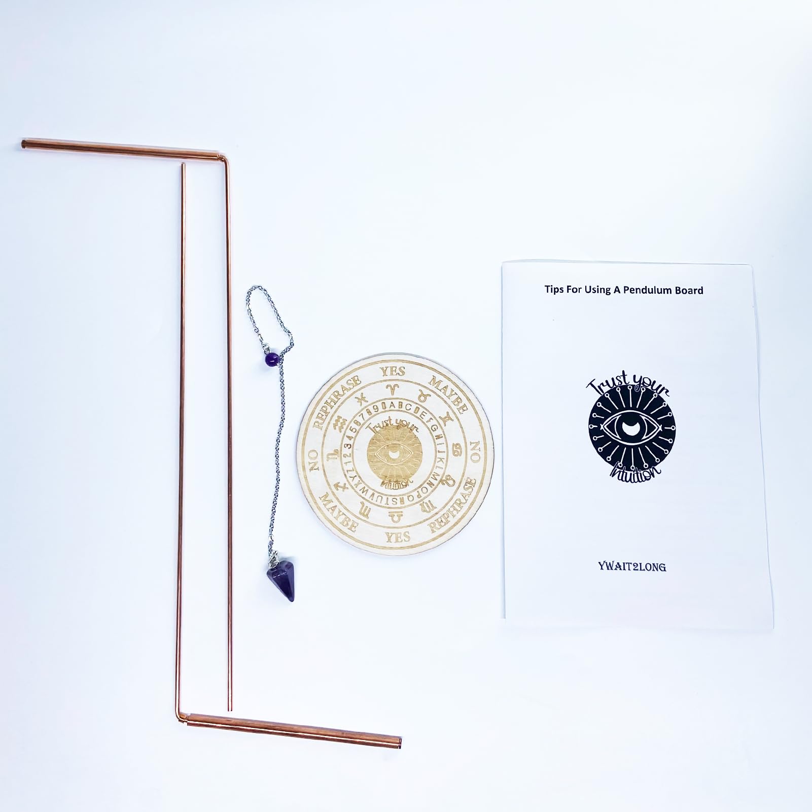 100% Pure Copper Dowsing Rods Kit - 2 Dowsing Rods with Pendulum Board Mat and Amethyst, Dowsing Rods Spiritual Kit for Divining, Ghost Hunting, Gold, Energy Healing, Answering Questions