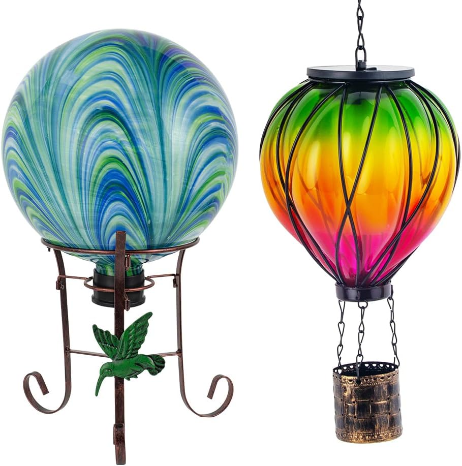 10" Diameter Solar Gazing Ball and 8.5" Metal Stand + YELENEW Colorful Solar Hot Air Balloon Lantern with Flame Flickering Garden Light for Patio,Porch,Yard