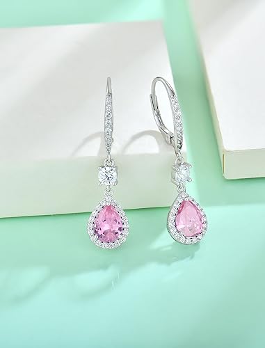 Miniatura 5 de Vesitim White Gold Plated Teardrop Dangle Drop Earrings Sterling Silver Gemstones Lever-back Earring for Women Jewelry with Months Birthstone