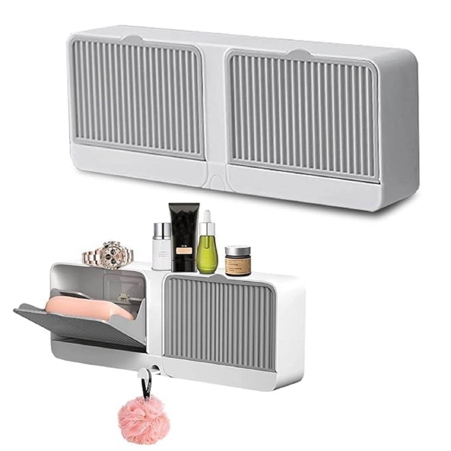 TRENDING 2 Grid Soap Box with Lid & Tray | Wall Mounted Storage Organizer Soap Box with Sliding Door | Multipurpose Bathroom & Kitchen Storage Rack | Cosmetic, Soap & Accessories Holder-image-29
