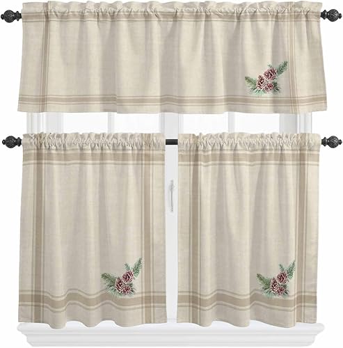 Juego de 3 cortinas de cocina de piñas de Navidad, cenefa y bolsillo para barra, juego de cortinas rústicas retro a rayas francesas para cocina,