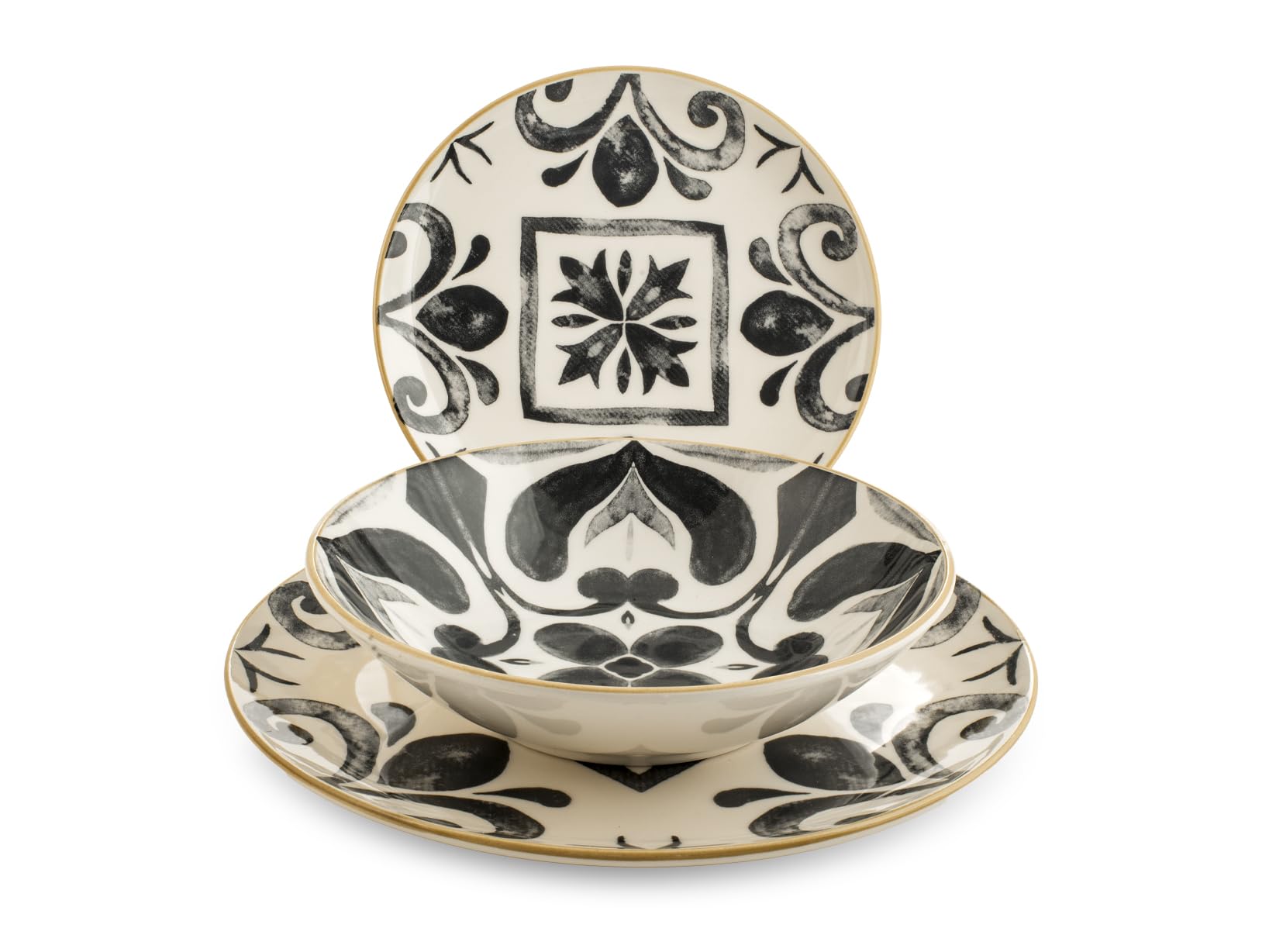 H&H Helena Tafelservice 18-teilig aus dekoriertem Stoneware, Komplettes Geschirrset für 6 Personen, Optical-Design in Schwarz und Elfenbein inspiriert von handwerklicher Majolika