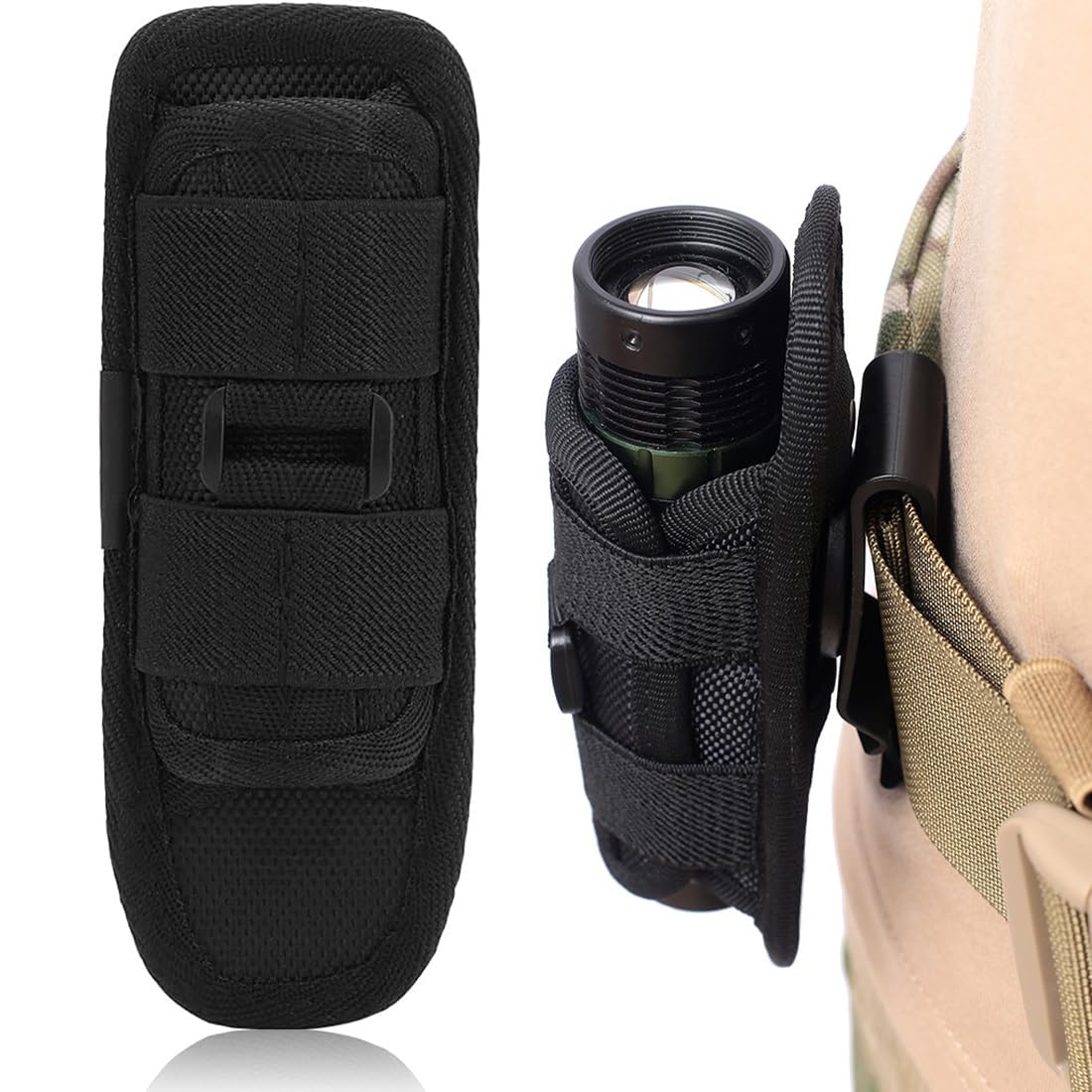 Porta torcia cinturone - Supporto per Torcia Elettrica - Fondina per torcia elettrica da cintura - Fondina elastica in nylon con clip da cintura girevole a 360 gradi (nera)