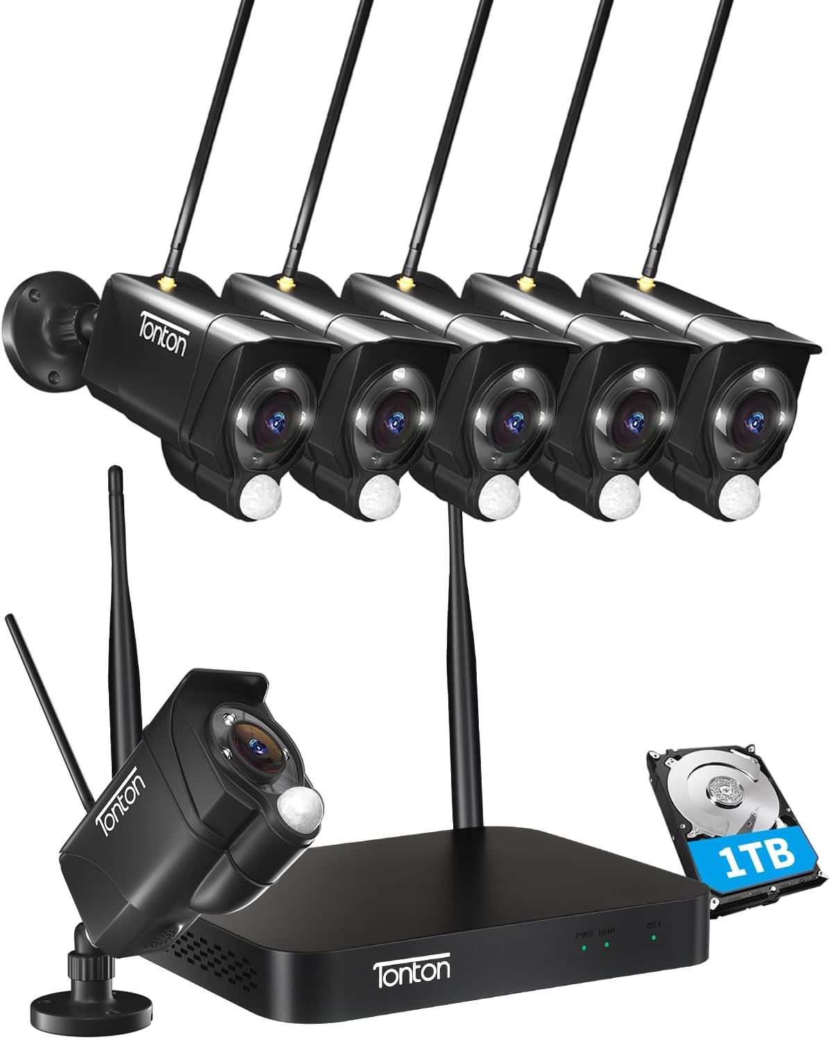(Floodlight +2 Way Audio) Tonton Wireless CCTV Camera System Outdoor 10CH 5MP NVR with 6x3MP Security Cameras, PIR Motion Detection, Full Colour Night Vision, 24/7 Recording, 1TB Hard Drive Included