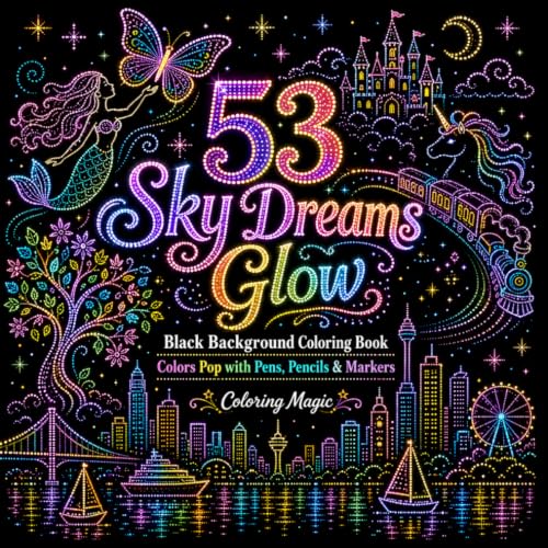 53 Sky Dreams Glow: Teens &amp; Adults Coloring Book | Dot Art | Black Background | Drone Lights | City Sky | Dreams | Hope (Midnight Black Background Coloring Series)