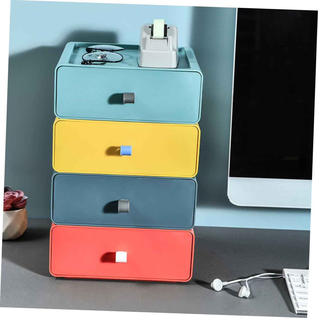 Generico Cassetti Impilabili Da Scrivania Contenitore Portaoggetti Per Ufficio Cassetto Da 4 Pezzi in Giallo Verde Blu Organizzare Articoli Cancelleria e Cosmetici