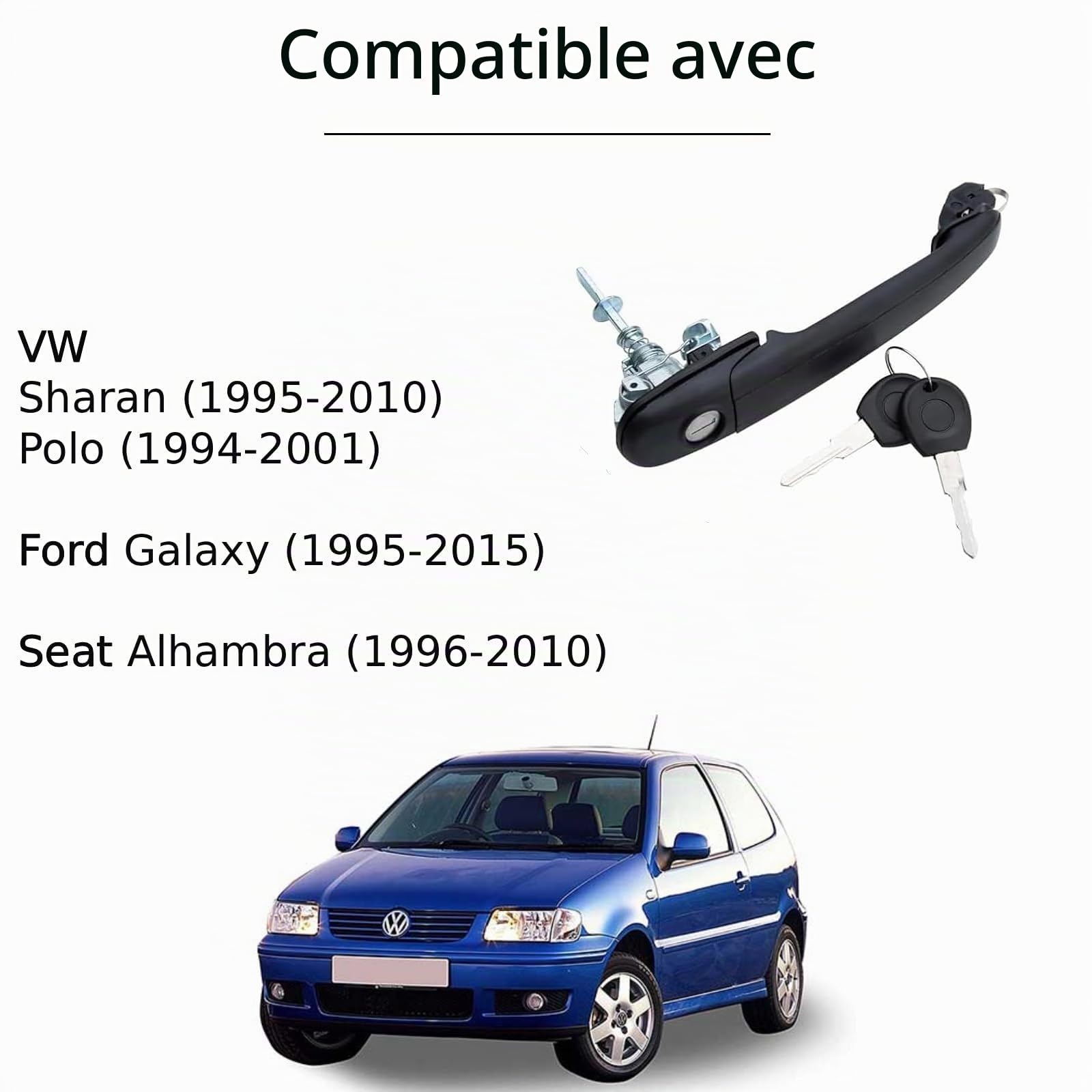 Twowinds Poignée 6N0837207 Compatible avec Ford Galaxy (1995-2015) - Gauche | Compatible avec VW Sharan (1995-2010), Polo (1994-2001)
