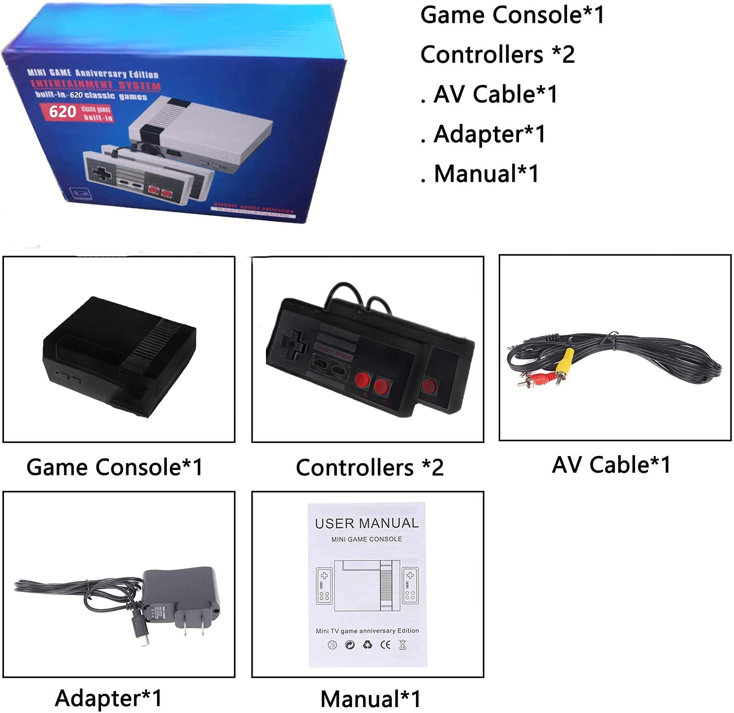 Amazon.com: Classic Retro Game Console, Plug and Play 8-bit Video Game  Entertainment System Built-in 620 Games with 2 Classic Controllers (Black)  : Toys & Games