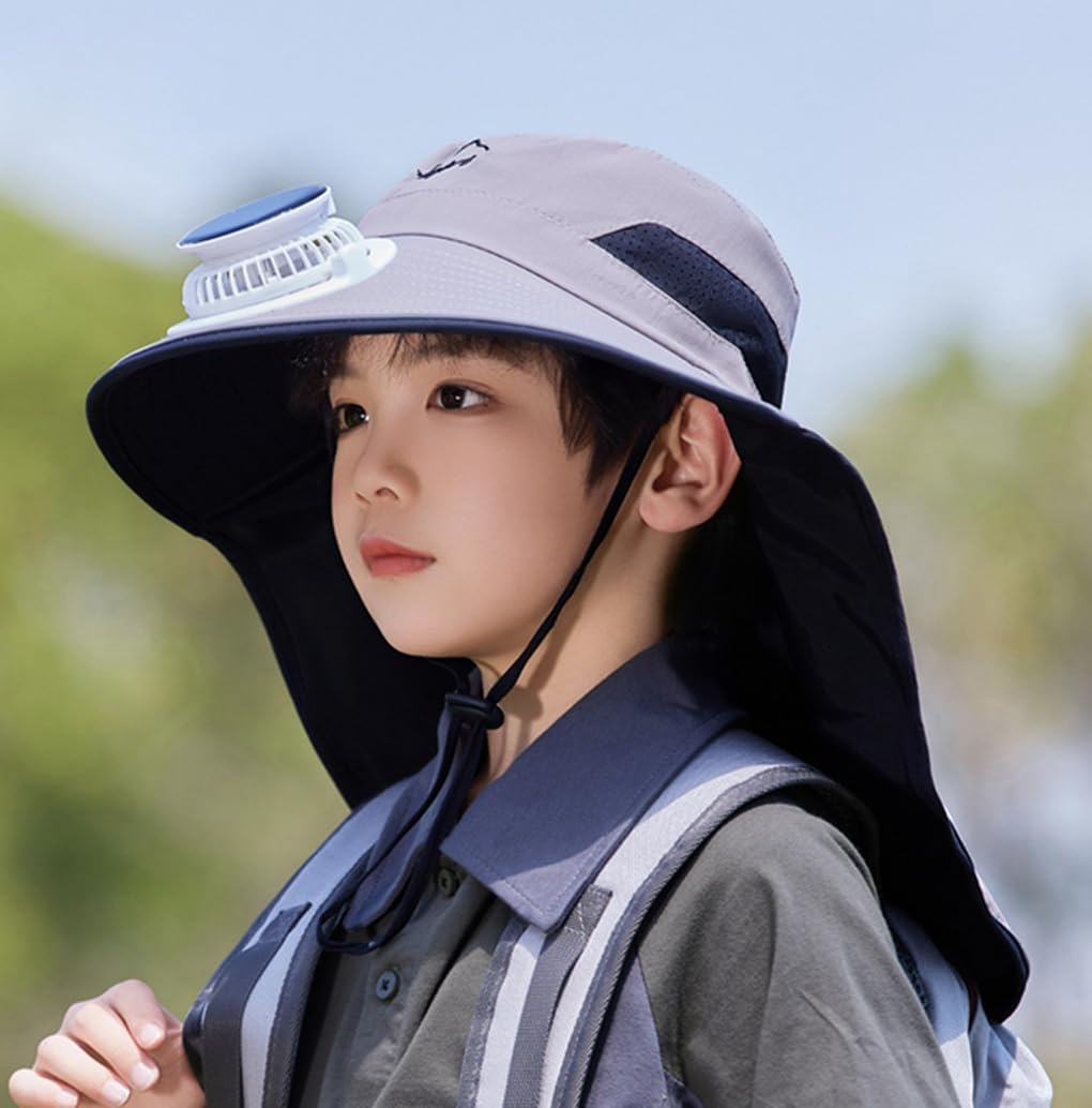 Kids USB Solar Fan Sun Hat with Neck Flap Bucket Fishing Hat Sun Protection Cap for Teens Boys Girls