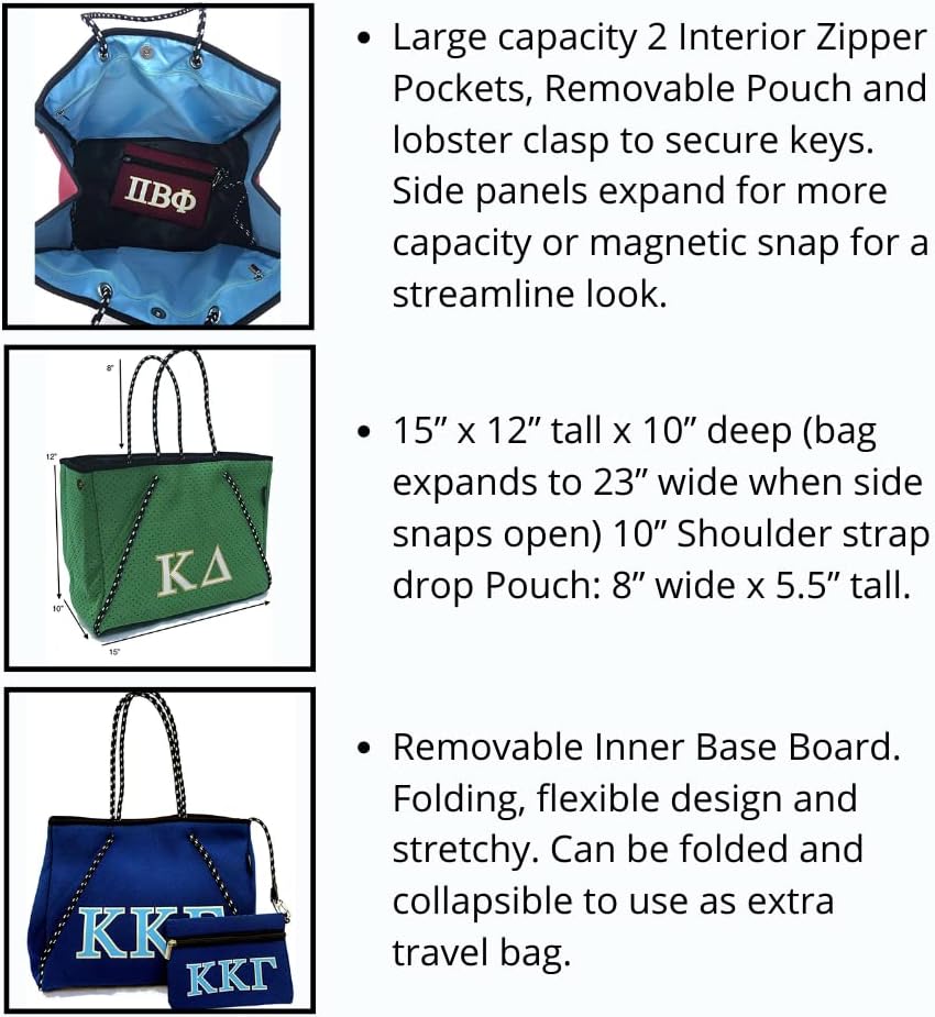 Dallas Hill Designs Sorority Tote Bag for Women | Neoprene Shoulder Purse | Travel, Gym Handbag | Extra Pouch | Gift