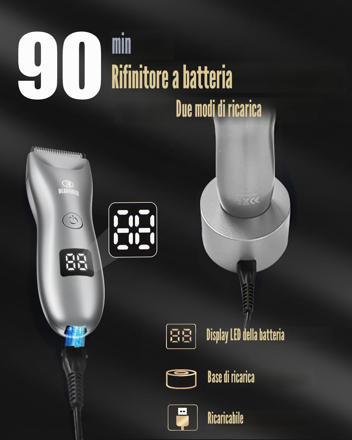 Rasoio intimo uomo, rasoio elettrico per uomo, con lama in ceramica | Rasoio per il corpo con luce LED e stazione di ricarica, ricaricabile per uomini, impermeabile