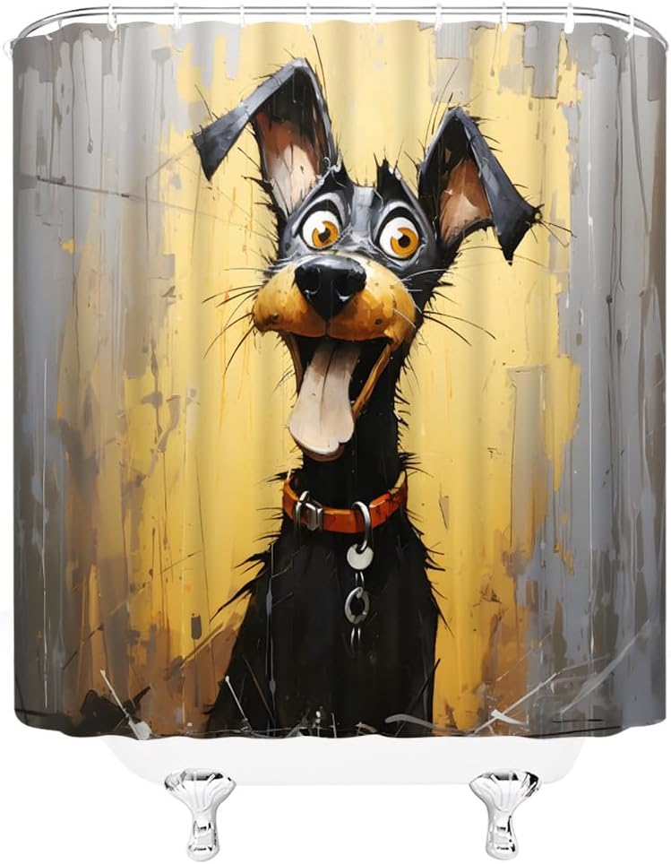 Funny Dog Shower Curtain Abstract Oil Painting Doodle Pet Cute Animal Cartoon Dogs Lover Art Fabric Bathroom Decor Curtains with Hooks,80 x 70