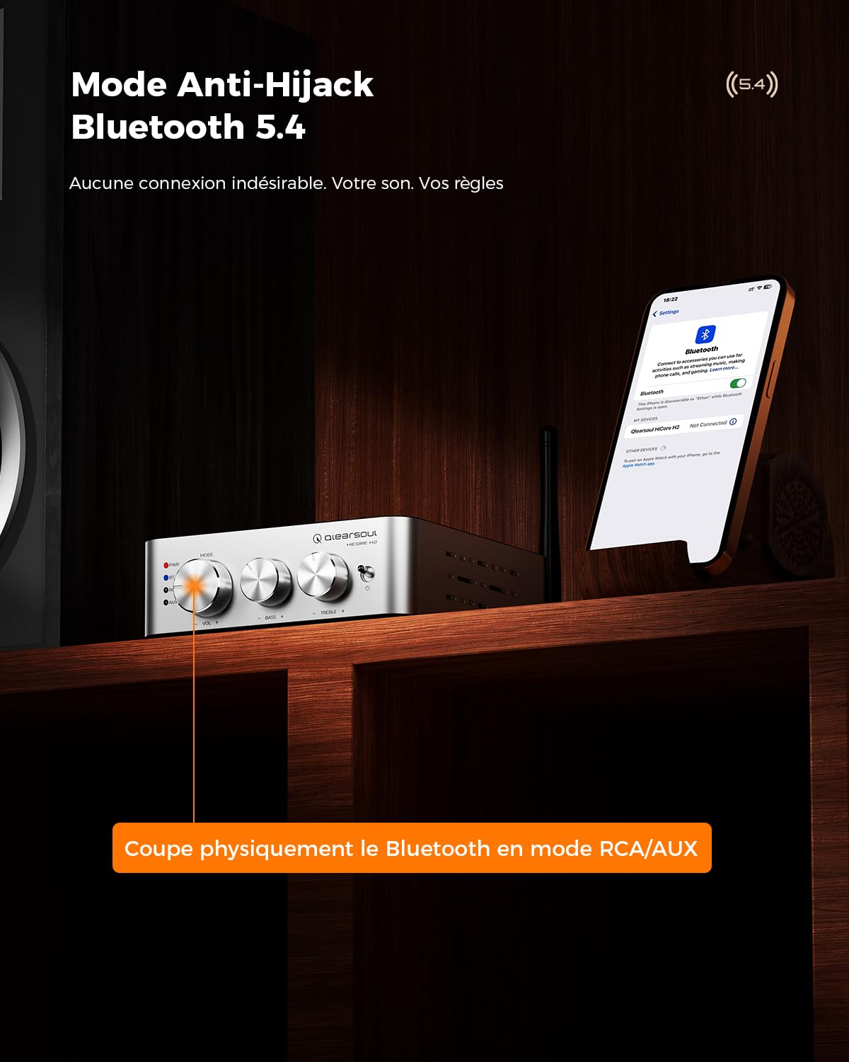 Qlearsoul HiCore H2 Amplificateur stéréo Hi-Fi Bluetooth 5.4 — TI TPA3255 Classe D, 100 W x2 (@ 4Ω), mode BT anti-détournement, hub 3 entrées RCA/AUX/BT pour haut-parleurs passifs, adaptateur 30 V/5 A