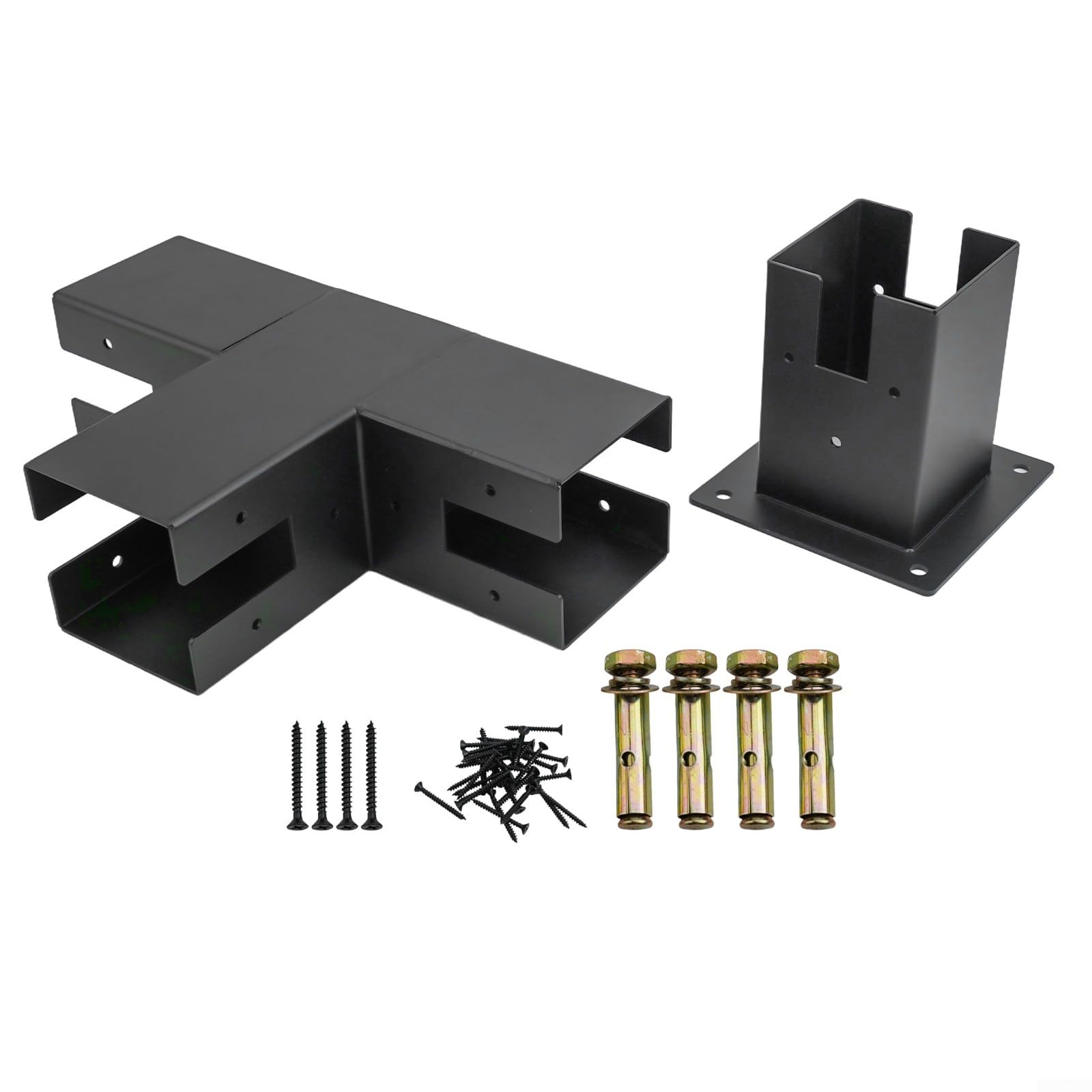 Staffa a T in acciaio resistente per pergola in legno (1 set) | Acciaio rivestito nero, adatto per legname secco 4x4, dritto e staffe a T, include viti, costruzione