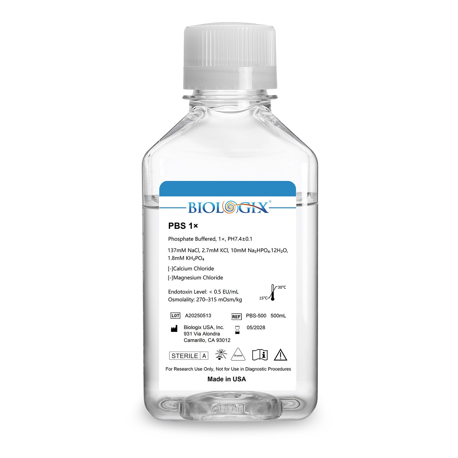 Phosphate Buffered Saline 1X, 500ml Lab PBS Buffer 0.1um Filtration, 7.4pH, Sterilize, 1X Concentrate, 500ml/Bottle, 50 Bottles/Case