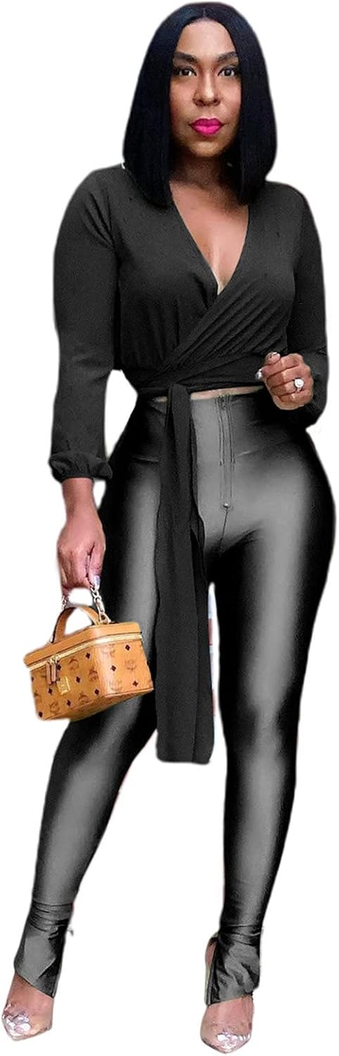 Women Chiffon 2 Piece Outfits Business Suit Long Sleeve Tie Front Business Top and Pencil Pants Suit Set Pants Suit