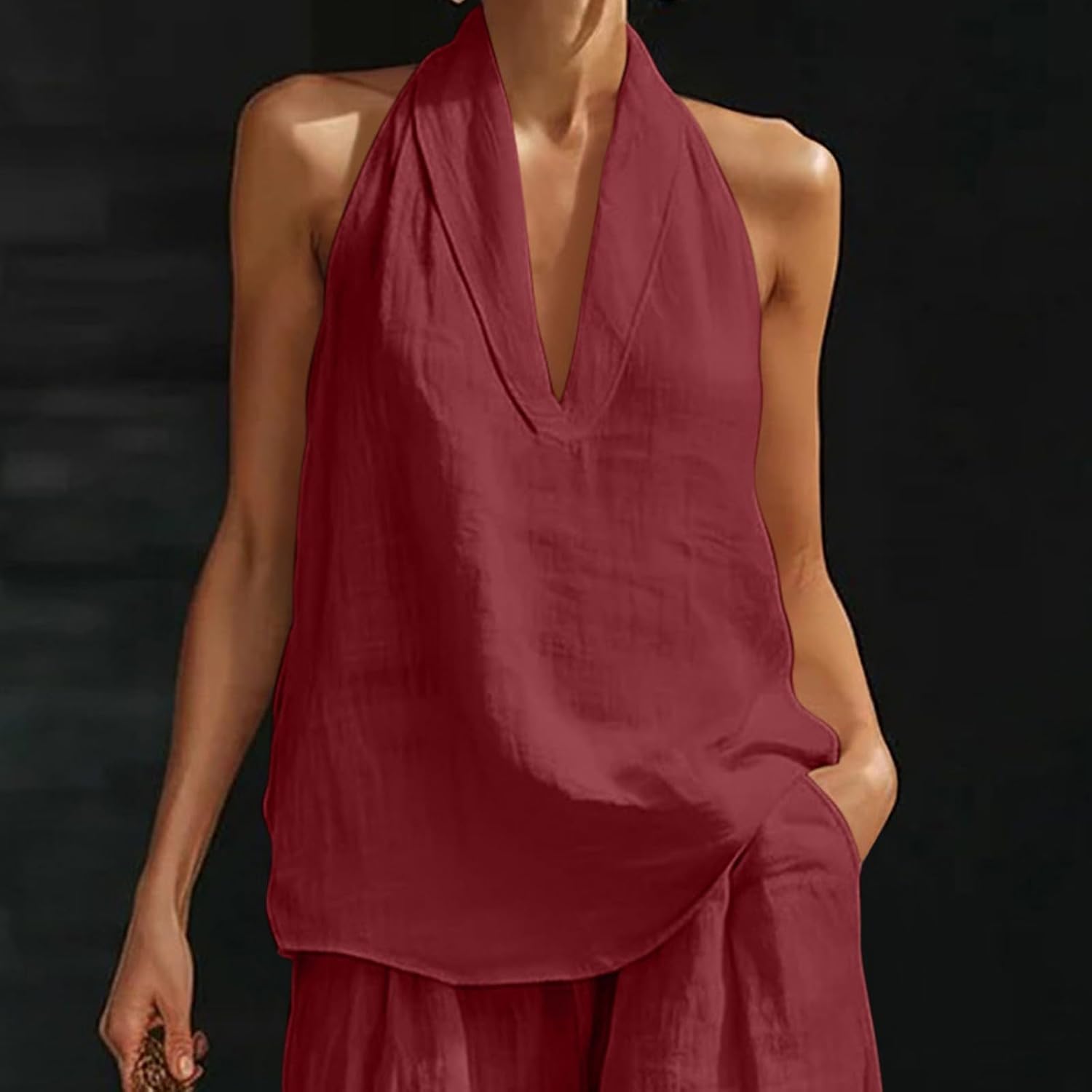 Cotton Linen Sets for Women 2 Piece Sleeveless Halter Top and Wide Leg Pants Set Casual Summer Vacation Outfits