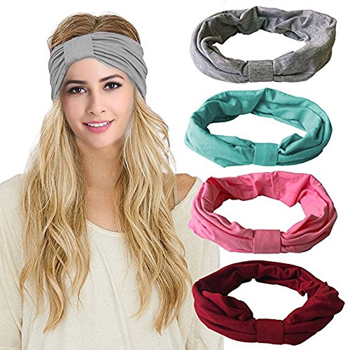 Headbands for Women, 4 Pack Vintage Headbands Elastic Non Slip Head Wrap Stretchy Hairband Twisted Cute Hair Accessories Solid Color