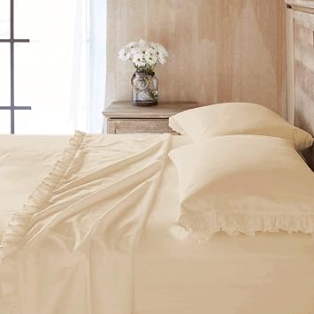 Shabby Chic Ruffled 4pc Sheet Set 100% Cotton Cottage French Country Style Frilled Bed Sheets 14" Deep Pocket Beige, Twin XL 39x80