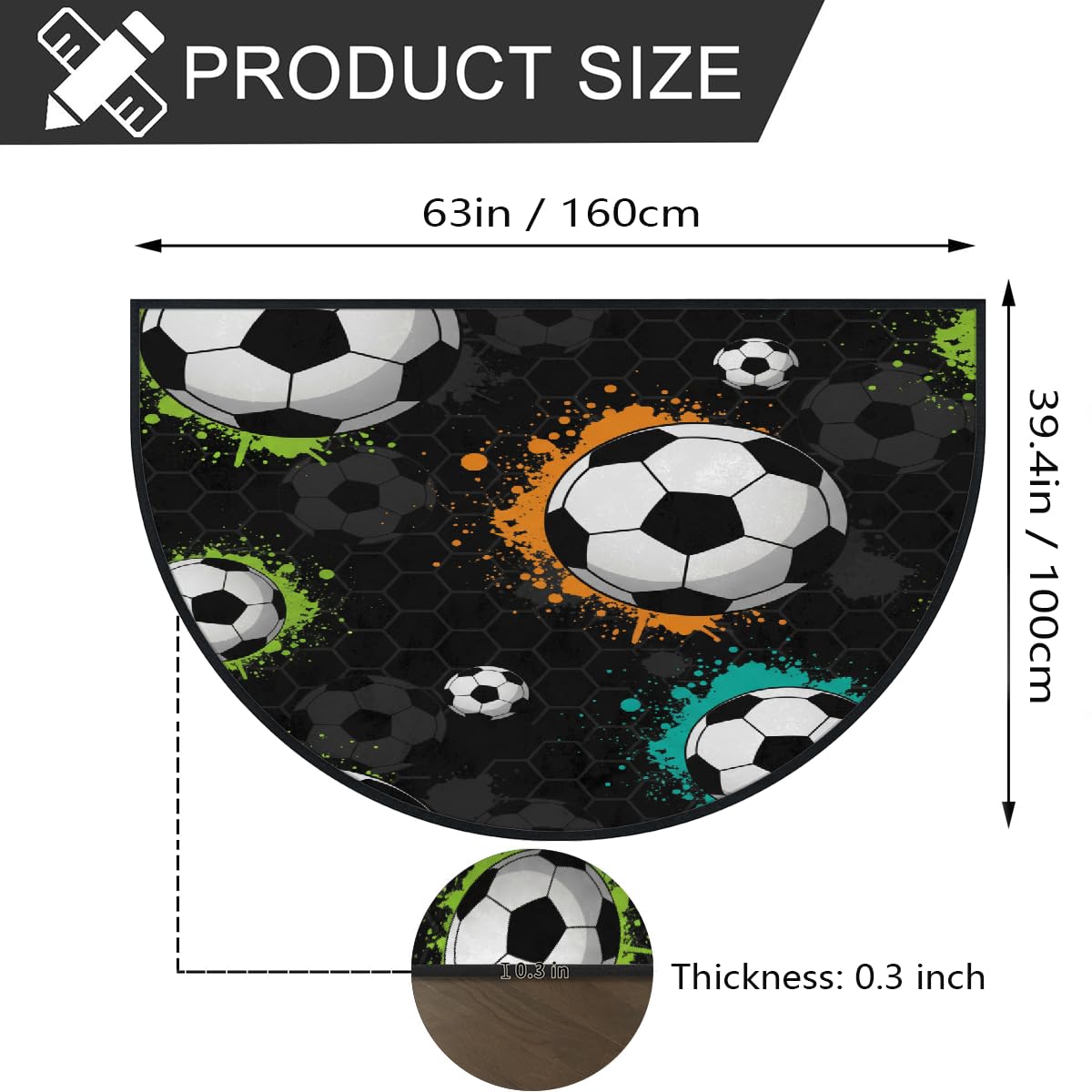 Große halbrunde Fußmatte, Fußball, Sport, rutschfest, saugfähig, halbrund, Eingangsbereich, niedlich, weich, halbrund, waschbar, Teppich für Küche, Badezimmer, Schlafzimmer, 160 x 100 cm