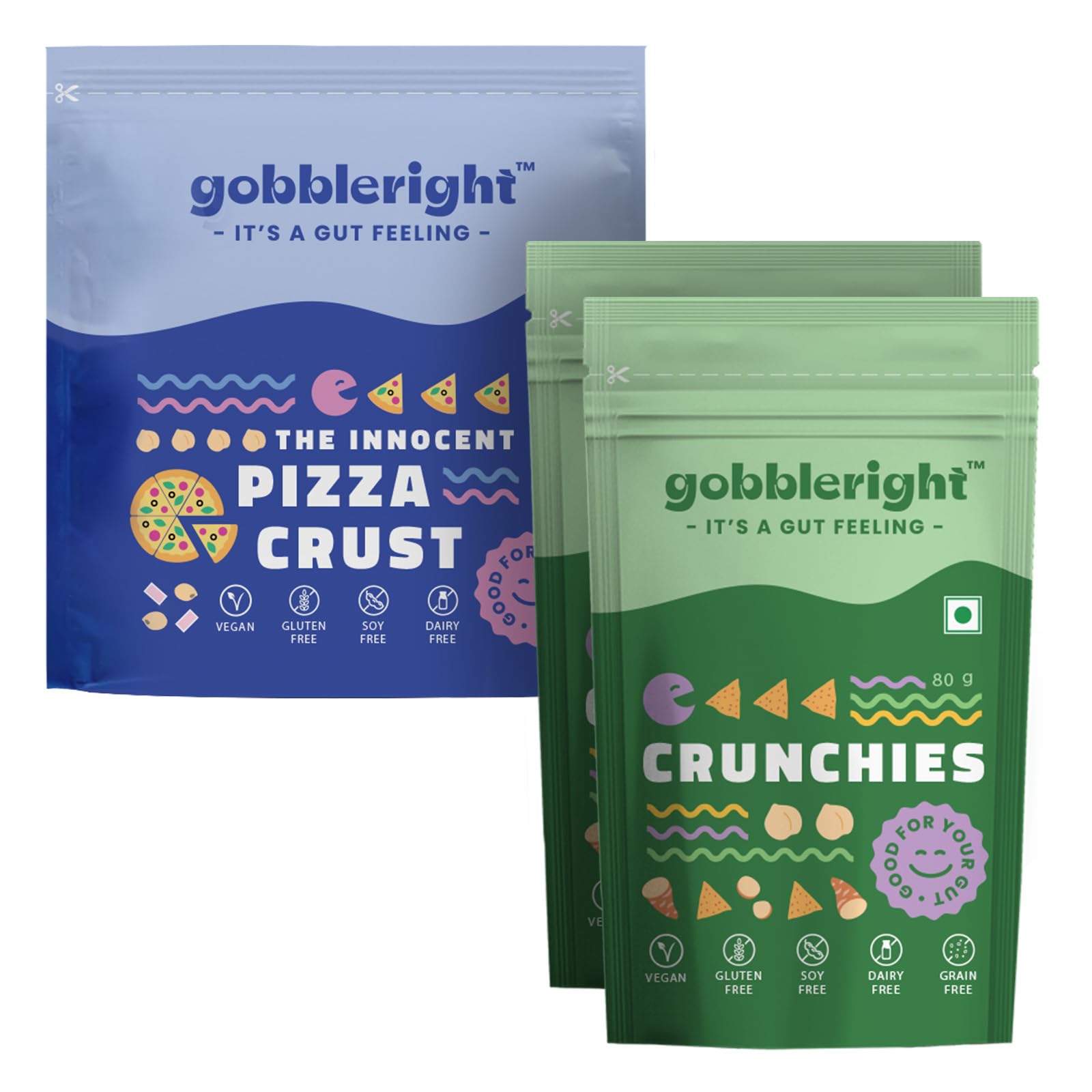 GOBBLERIGHT Innocent Pizza Crust + 2 Pack of Crunchies | Gluten-Free, Vegan Pizza Base & Healthy Nacho Chips | Keto-Friendly, Grain-Free, Soy-Free Snacks Bundle | Ready-to-Eat, Low-Calorie Snack Combo for Adults & Kids